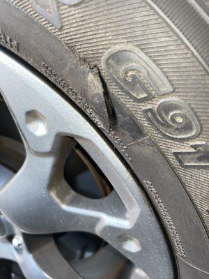 Tear in leading right tire