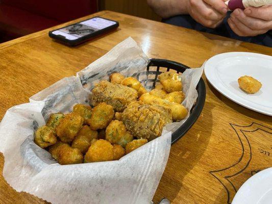 Boudin balls, cheese curds, and fried okra.