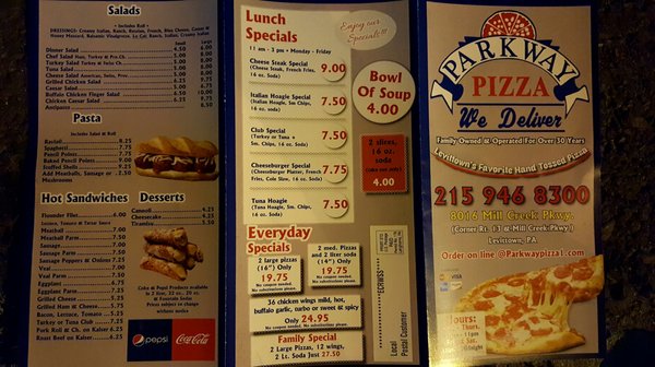 Hooked up a menu, 9/5/2016 Pizza is thin crust, delicious sauce and light on cheese