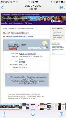 This is a screenshot from MA's Division of Consumer Affairs regulating and verifying state licensing of accountants.