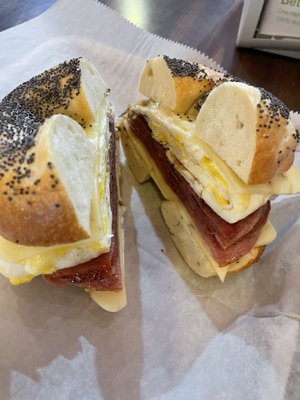 Homemade bagel bfast sandwich with Taylor Ham