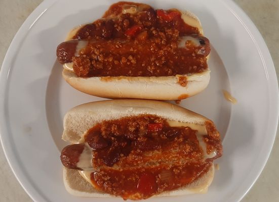 Double Dogs w/ Cheese Sauce and Homemade Chili