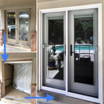 400 Series Andersen French Door replacement with dual track sliding screens, operating blinds between the glass, & VeriLock Security Sensor