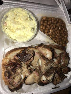 Rib tip dinner Baked beans, potato salad