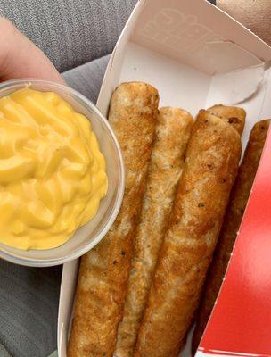 Chicken & Monetary Jack Taquitos are delicious with cheese sauce. Rating: 10/10