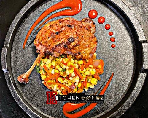 Pan seared duck leg with a spicy corn maque choux.