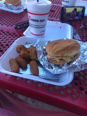 Tray 1 with Double Cheese Burger Chicken Nuggets and Hushpuppies