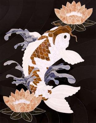 Koi-This design uses several types of stone to showcase the koi's fluid motion and colors. Symbolizing perseverance and strength of purpose.