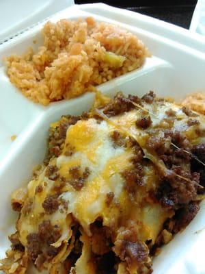 Beef enchilada and rice.