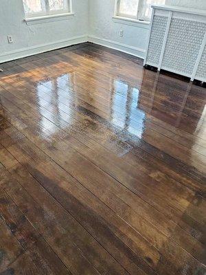 After - Alseb restored  water damaged 100-year old maple floors that had been under layers of carpet for at least 46 years.