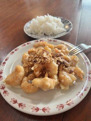 Honey almond shrimp and white rice