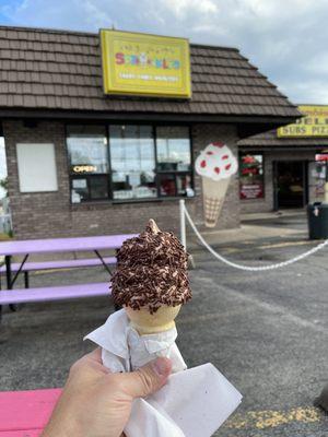 Chocolate soft serve with chocolate sprinkles kiddie size cone