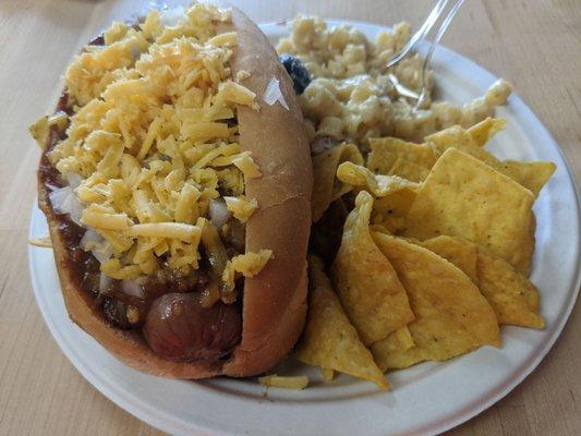 Chili cheese dog with Mac salad and tortilla chips.