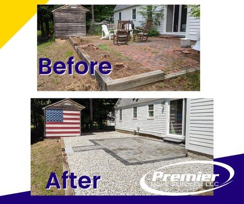 An old, run down patio got a new lease on life with a Techo Bloc paver patio and crushed stone.