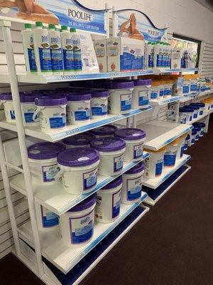 We carry Poolife chlorine, salt, and Baquacil products. As well as Natural Chemistry, FROG, and SeaKlear.