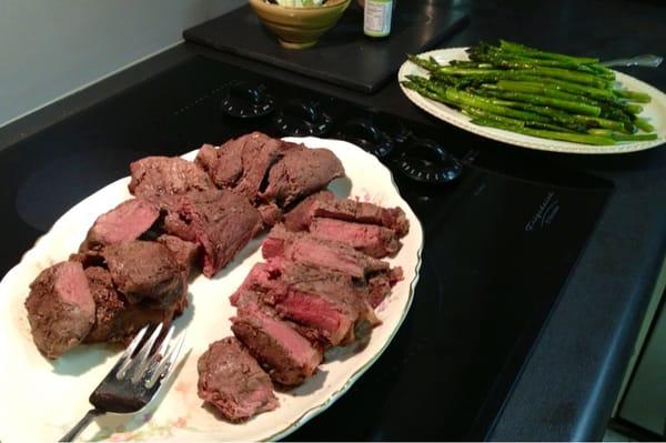 Grass-fed beef and fresh asparagus, all from the Pastures of Rose Creek! Yum!