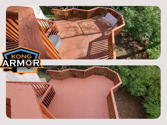 Peeling Behr Deck over in Cleves Ohio - homeowners faced replacement of floor- Kong Armor encapsulated the peeling deck paint and saved deck