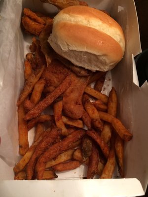 Chicken, fries and roll (fries were made in re-used oil)