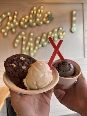 Vanilla bean ice cream with s'mores cookie & cookies and cream ice cream with chocolate chip cookie