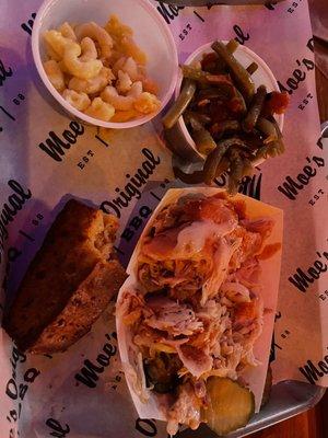 Pulled chicken platter, green beans, Mac & cheese & cornbread for $10.