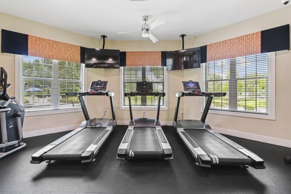 Lantower Asturia's Fully Equipped Fitness Studio with treadmills and ample natural light from large windows.