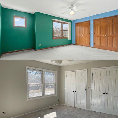 Before and after guest bedroom paint, trim, windows and doors.