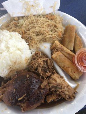 Filipino food! Combo plate ($8) adobo, pancit, lumpia