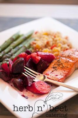 Herb Salmon, Beet Salad & Asparagus with Israeli Couscous