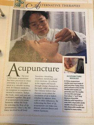 There is a book in the waiting room about various holistic avenues. Here is a snapshot of the acupuncture page.