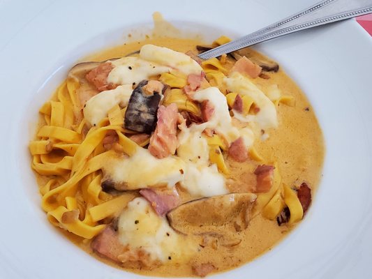 Homemade fettuccine,  portobello mushrooms,  sundried tomatoes,  fresh mozz in a pink cream sauce