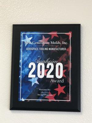 Anaheim recognition for Aerospace Tooling Manufacturer 2020