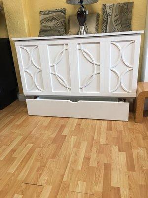 White Queen Cabinet Murphy Bed. Opens up with Queen Memory Foam & Gel Mattress. Space Saver. Guest Bed ready in 5 minutes.