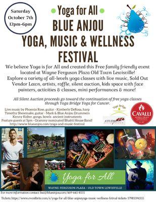 Yoga for All! Free Yoga, Music & Wellness Festival October 7th 12 - 6pm at Wayne Ferguson Plaza Old Town Lewisville, TX.