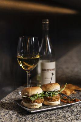 Eggplant Parmesan Sliders with Fresh Mozzarella and House Made Marinara with House Made Potato Chips and a glass of wine from Davids & Co.