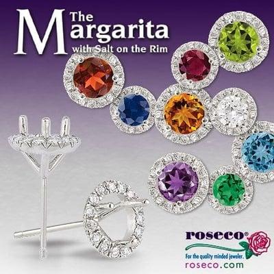 Margarita Earring: Ring of micro-pave set diamonds enhances the center stone. Sold in 14kt white in popular sizes.