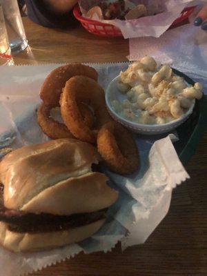 Brisket sandwich, onion rings, and Mac & cheese