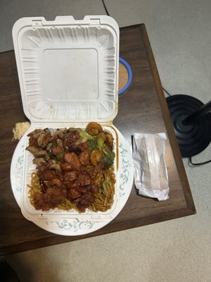 Random chicken? Lo mein, general tso chicken, spare ribs?  possibly other in one full container