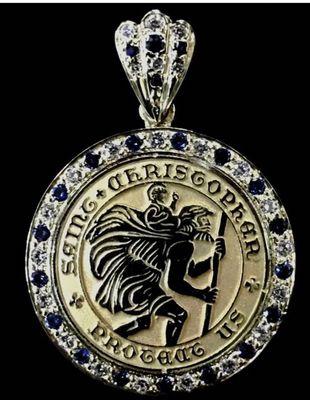 Special order St. Christopher Medal with diamonds and sapphire border.