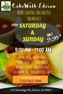 With all your wishes we are happy to announce that we are starting "Unlimited Breakfast" from 9:00 AM - 11:00 AM every Saturday and Sunday