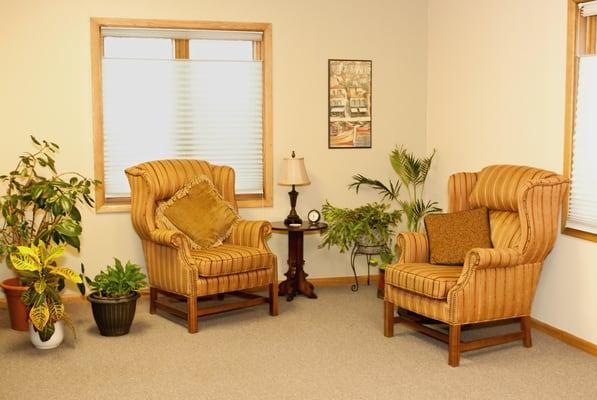 A warm and inviting atmosphere will greet you. This is a private office setting located in a professional business park.  