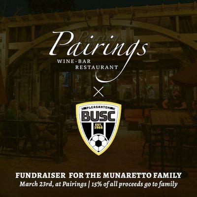 A BUSC fundraiser happens Wed, March 23rd, 2022, at Pairings Wine Bar Restaurant, for the Munaretto family