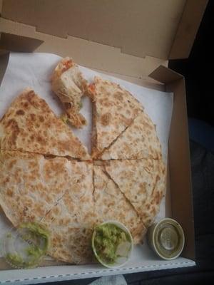 Queso-dilla in a pizza box = win!