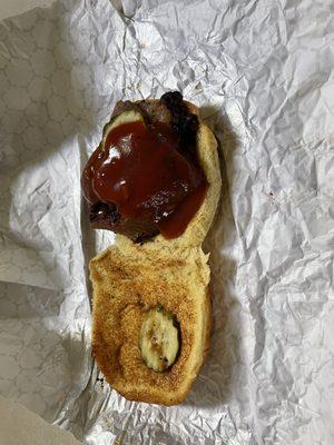 Brisket sandwich with bbq sauce and OH don't forget that pickle chips! Lol