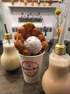 Rose Milk Tea, Jasmine Milk Tea, and Original Egg Waffle with red bean ice cream