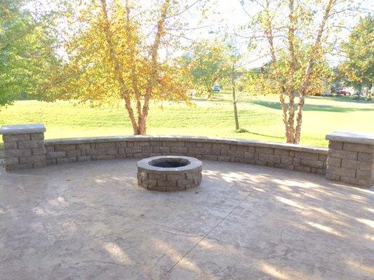 Texture Stamped Patio with sitting wall and fire pit