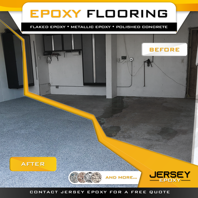 Upgraded garage floors with a beautiful epoxy flaked coating.