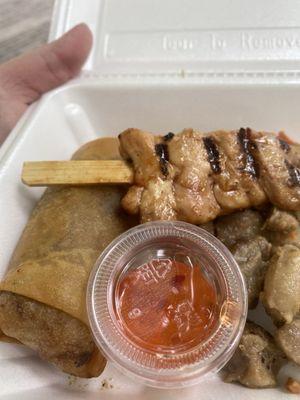 Lumpia, chicken skewer, garlic adobo