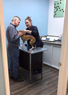 Laura helping Tim give medications for " Columbina"