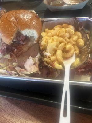 Brisket sandwich and bacon Mac and cheese