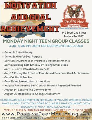 Monday Night Teen Group Class Schedule